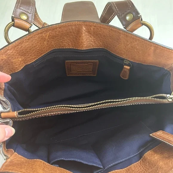 Coach Blue Patchwork and Tan Leather Tote Shoulder Handbag - Picture 13 of 15